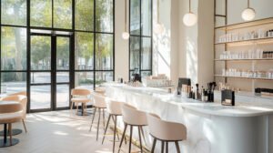 Bright and modern beauty salon interior with natural light and minimalist design elements